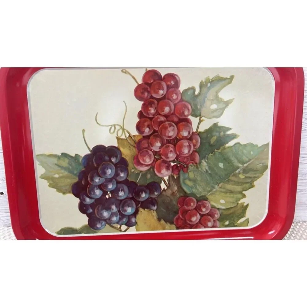 Vintage Metal Serving Tray Red and Purple Grapes Green leaves